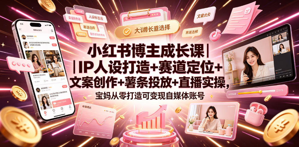 小红书博主成长课｜IP人设打造+赛道定位+文案创作+薯条投放+直播实操，宝妈从零打造可变现自媒体账号-离锋创库