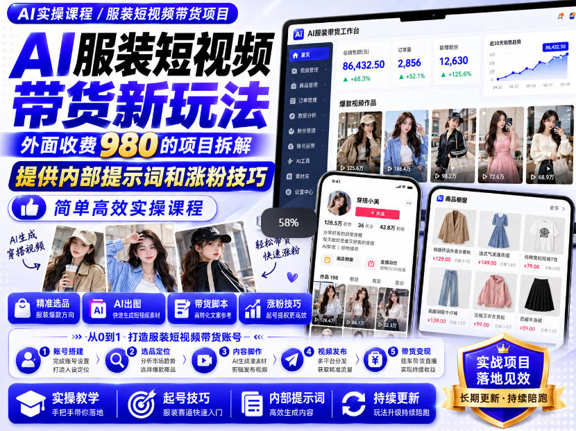 外面收费980AI快手带货系统课程，内部课程首次外放，操作简单高效，一分钟一条爆款视频-离锋创库