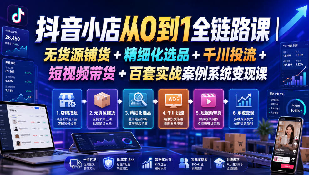 抖音小店从0到1全链路课｜无货源铺货+精细化选品+千川投流+短视频带货+百套实战案例系统变现课（2026年7月更新）-离锋创库