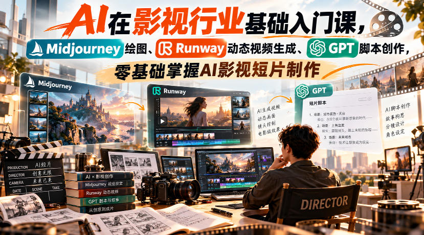 【无水印】AI在影视行业基础入门课,Midjourney绘图、Runway动态视频生成、GPT脚本创作,零基础掌握AI影视短片制作-离锋创库