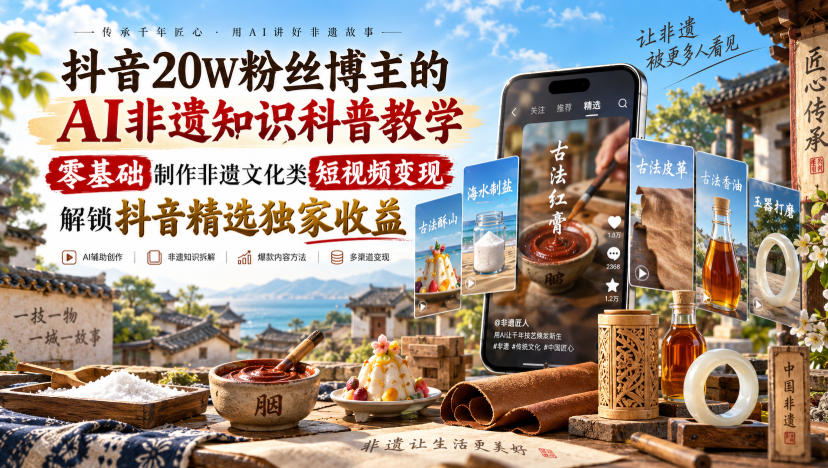 抖音20W粉丝博主的AI非遗知识科普教学，零基础制作非遗文化类短视频变现，解锁抖音精选独家收益-离锋创库