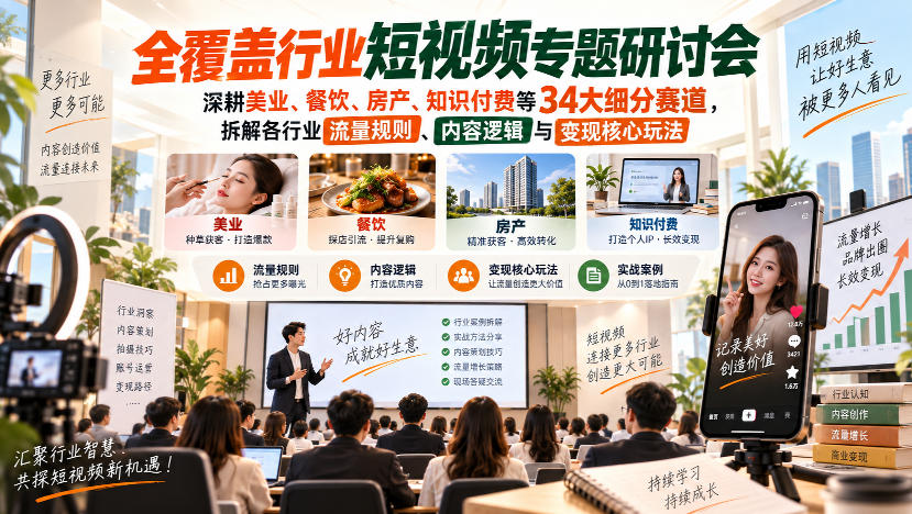 短视频专题研讨会，深耕美业、餐饮、房产、知识付费等34大细分赛道，拆解各行业流量规则、内容逻辑与变现核心玩法-离锋创库