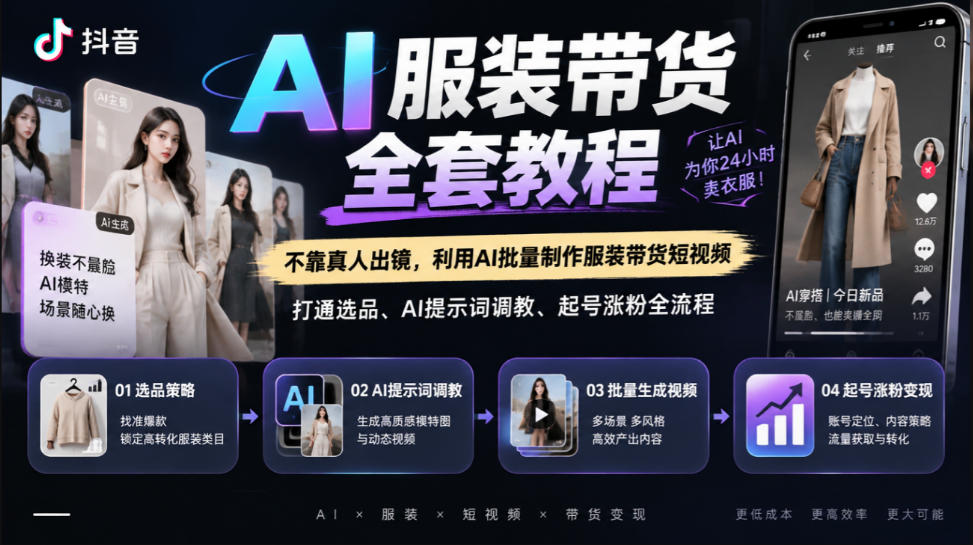 抖音AI服装带货全套教程,不靠真人出镜,利用AI批量制作服装带货短视频,打通选品、AI提示词调教、起号涨粉全流程-离锋创库