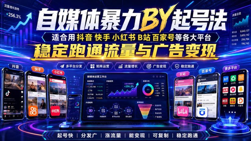 自媒体暴力搬运起号法，适合用抖音快手小红书B站百家号等各大平台，稳定跑通流量与广告变现-离锋创库