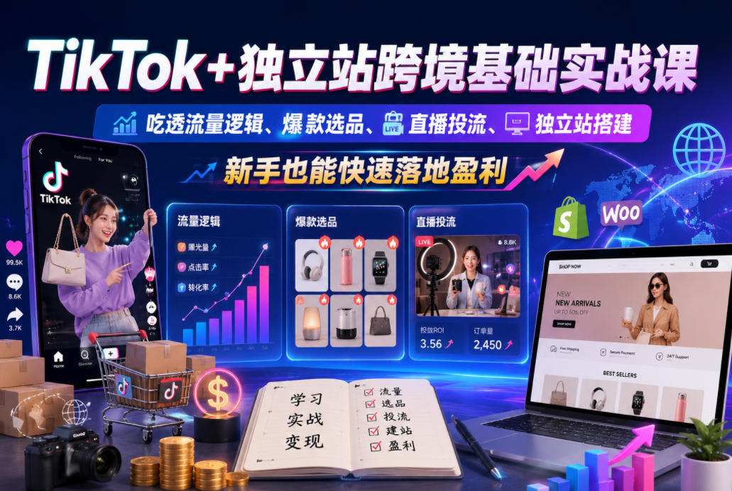 TikTok+独立站跨境基础实战课，吃透流量逻辑、爆款选品、直播投流与独立站搭建，新手也能快速落地盈利-离锋创库
