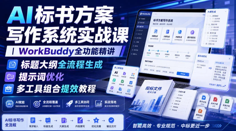 【精】AI标书方案写作系统实战课|WorkBuddy全功能精讲・标题大纲全流程生成・提示词优化・多工具组合提效教程 【精】AI标书方案写作系统实战课|WorkBuddy全功能精讲・标题大纲全流程生成・提示词优化・多工具组合提效教程