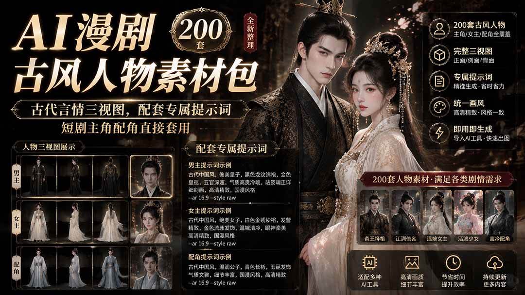 （19693期）AI漫剧古风人物素材包+提示词｜200 套古代言情三视图，配套专属提示词短剧主角配角直接套用-离锋创库