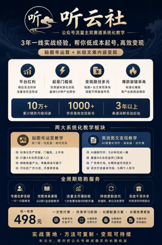 听云社公众号流量主双赛道系统化教学,3年一线实战经验,帮你低成本起号,高效变现,贴图号运营+长短文章内容变现 听云社公众号流量主双赛道系统化教学,3年一线实战经验,帮你低成本起号,高效变现,贴图号运营+长短文章内容变现