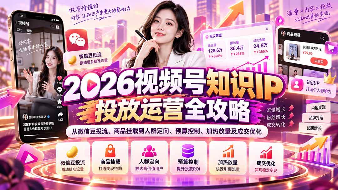（20860期）2026视频号知识IP投放运营全攻略：从微信豆投流、商品挂载到人群定向、预算控制、加热放量及成交优化-离锋创库