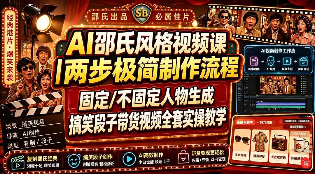 （19602期）AI邵氏风格视频课｜两步极简制作流程，固定/不固定人物生成，搞笑段子带货视频全套实操教学-离锋创库