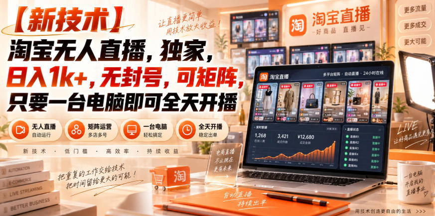 【独家新技术】淘宝无人直播，日入1k+，无封号，可矩阵，只要一台电脑即可全天开播【揭秘】-离锋创库