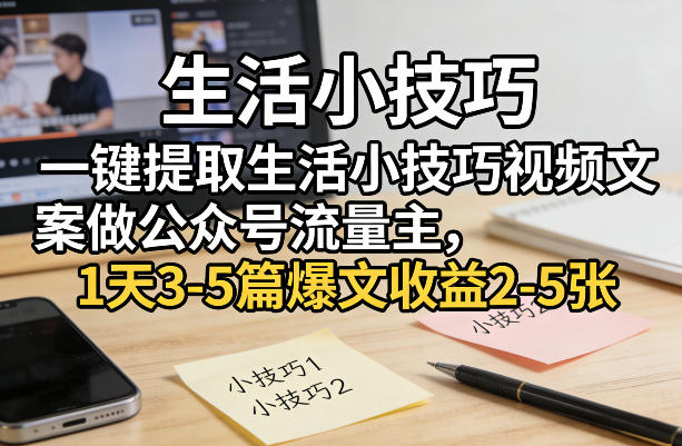 一键提取生活小技巧视频文案做公众号流量主，1天3-5篇爆文收益2-5张-离锋创库