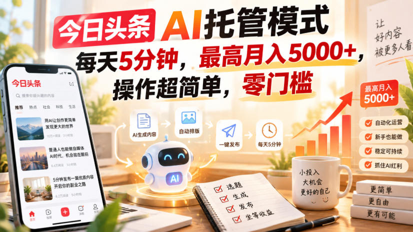 今日头条AI托管模式，每天5分钟，最高月入5000+，操作超简单，零门槛【揭秘】-离锋创库