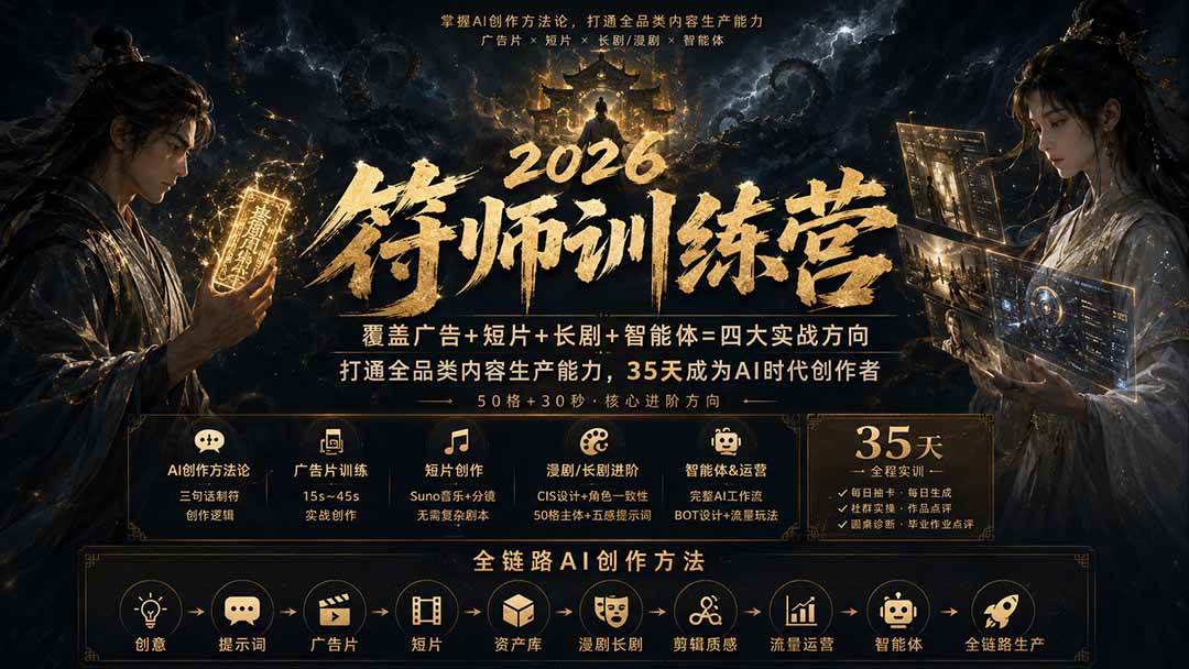 (20179期)符师训练营-35天成为AI时代创作者,广告+短片+漫剧+智能体四大实战方向,掌握从创意到上线的完整工作流-离锋创库