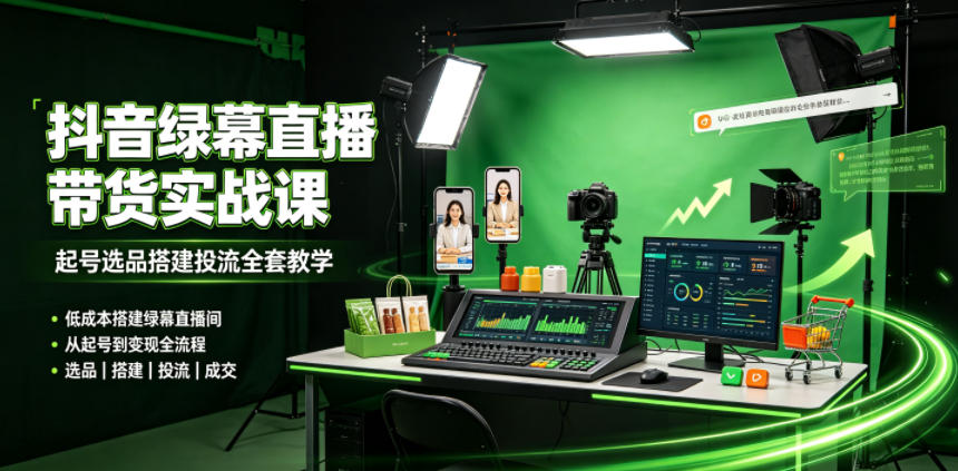 某社群抖音绿幕直播带货实战课,起号选品搭建投流全套教学,低成本搭建绿幕直播间-离锋创库