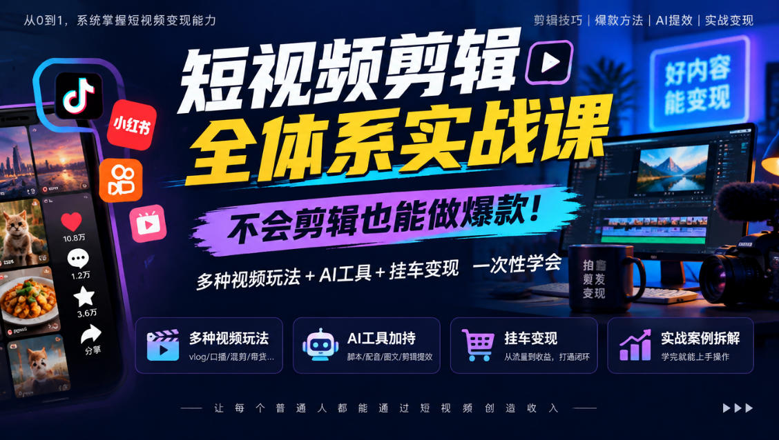 短视频剪辑全体系实战课,不会剪辑也能做爆款,多种视频玩法+AI工具+挂车变现一次性学-离锋创库