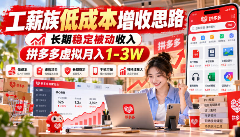 工薪族低成本增收思路,长期稳定被动收入,拼多多虚拟月入1-3W-离锋创库