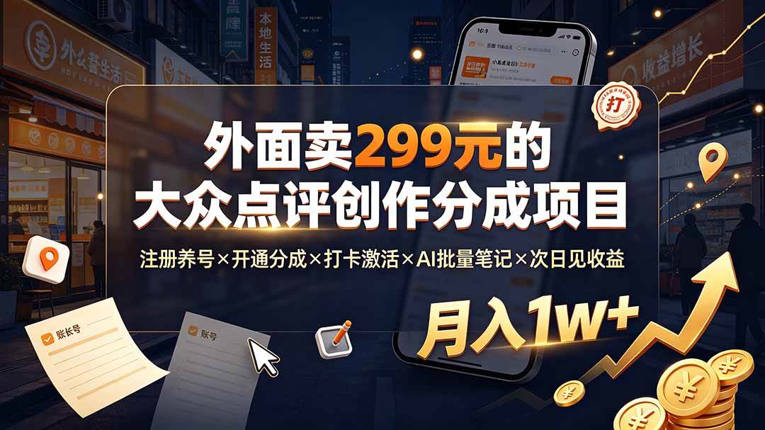 （19488期）外面卖299元的大众点评创作分成项目：注册养号×开通分成×打卡激活×AI批量笔记×次日见收益，月入1w+-离锋创库