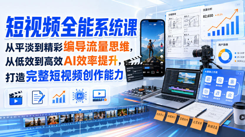 短视频全能系统课,从平淡到精彩编导流量思维,从低效到高效AI效率提升,打造完整短视频创作能力(2026年8月30更新233集)-离锋创库