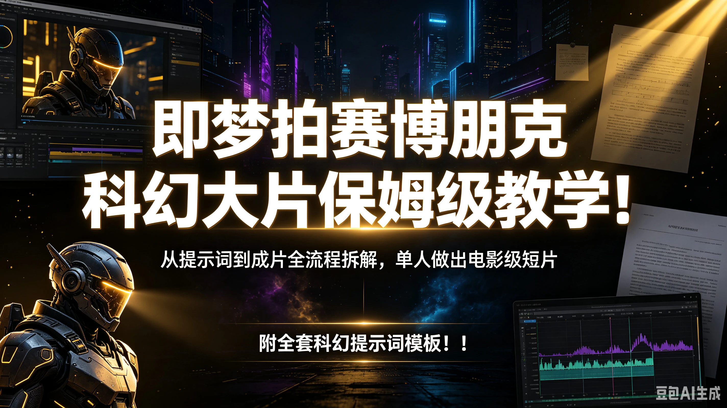 【精】即梦拍赛博朋克科幻大片保姆级教学!从提示词到成片全流程拆解,单人做出电影级短片,附全套科幻提示词模板!!-离锋创库