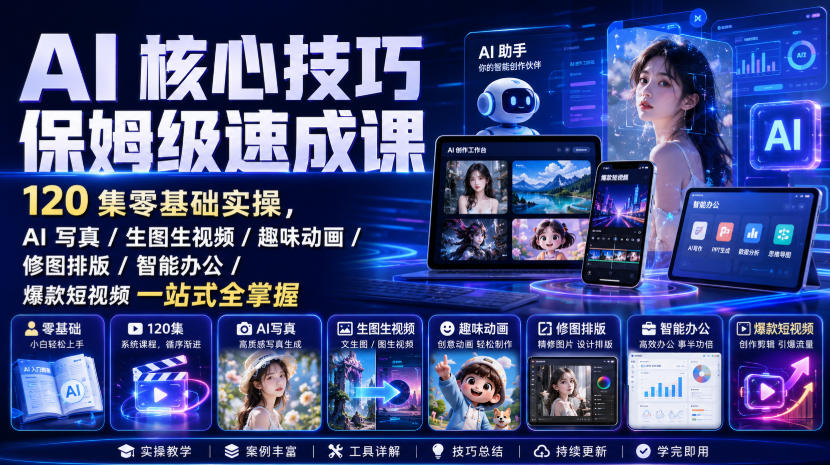 AI核心技巧保姆级速成课｜120集零基础实操，AI写真/生图生视频/趣味动画/修图排版/智能办公/爆款短视频一站式全掌握-离锋创库