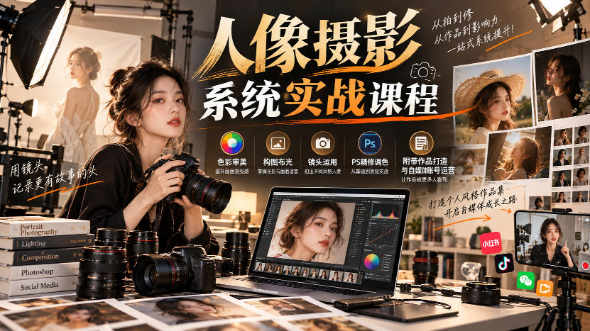 【无水印】人像摄影系统实战课程，色彩审美、构图布光、镜头运用、PS精修调色，附带作品打造与自媒体账号运营-离锋创库