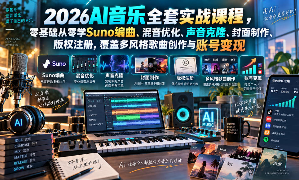 2026AI音乐实战课程，零基础从零学Suno编曲、混音优化、声音克隆、版权注册，覆盖多风格歌曲创作与账号变现-离锋创库