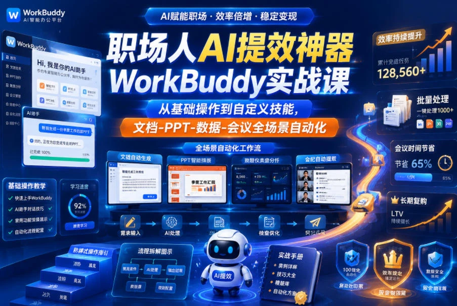 【精】职场人AI提效神器WorkBuddy实战课，从基础操作到自定义技能，文档-PPT-数据-会议全场景自动化-离锋创库