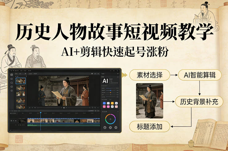 历史人物故事短视频教学，AI+剪辑制作历史人物题材短视频，快速起号涨粉-离锋创库