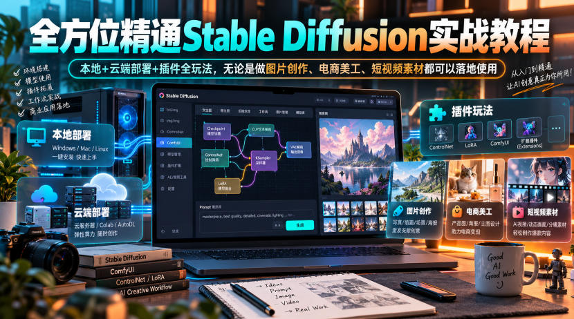 全方位精通Stable Diffusion实战教程｜本地+云端部署+插件全玩法，无论是做图片创作、电商美工、短视频素材都可以落地使用-离锋创库