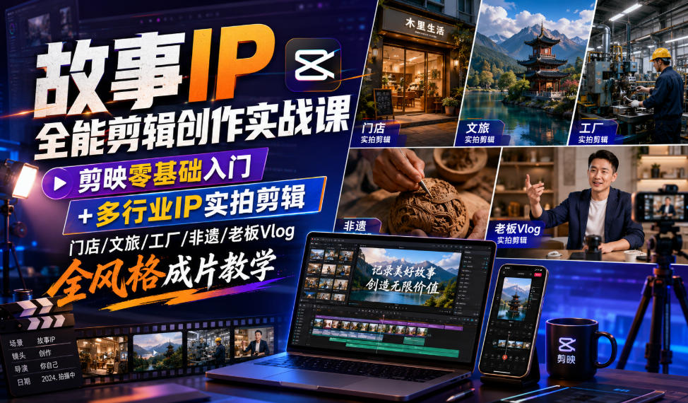 故事IP全能剪辑创作实战课｜剪映零基础入门+多行业IP实拍剪辑，门店/文旅/工厂/非遗/老板Vlog全风格成片教学-离锋创库
