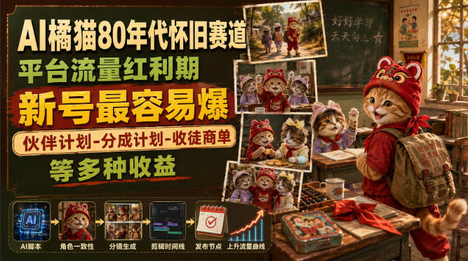 AI橘猫80年代怀旧赛道，平台流量红利期，新号最容易爆，伙伴计划-分成计划-收徒商单等多种收益-离锋创库