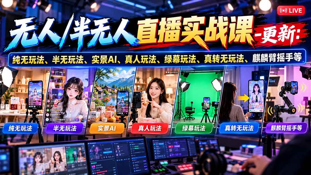 （21072期）无人/半无人直播实战课-10月20更新：纯无玩法、半无玩法、实景AI、真人玩法、绿幕玩法、真转无玩法、麒麟臂摇手等-离锋创库