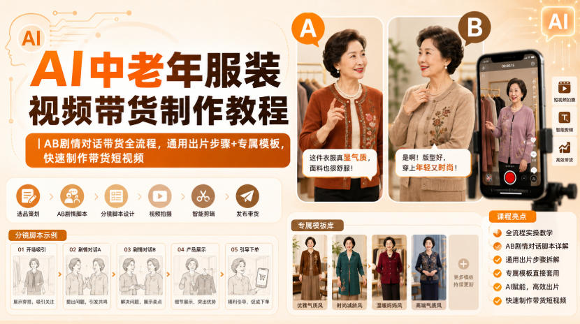 AI中老年服装视频带货制作教程|AB剧情对话带货全流程,通用出片步骤+专属模板,快速制作带货短视频-离锋创库