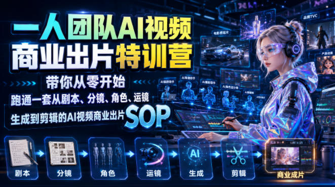 一人团队AI视频商业出片实战课:带你从零开始跑通一套从剧本、分镜、角色、运镜、生成到剪辑的AI视频商业出片SOP-离锋创库