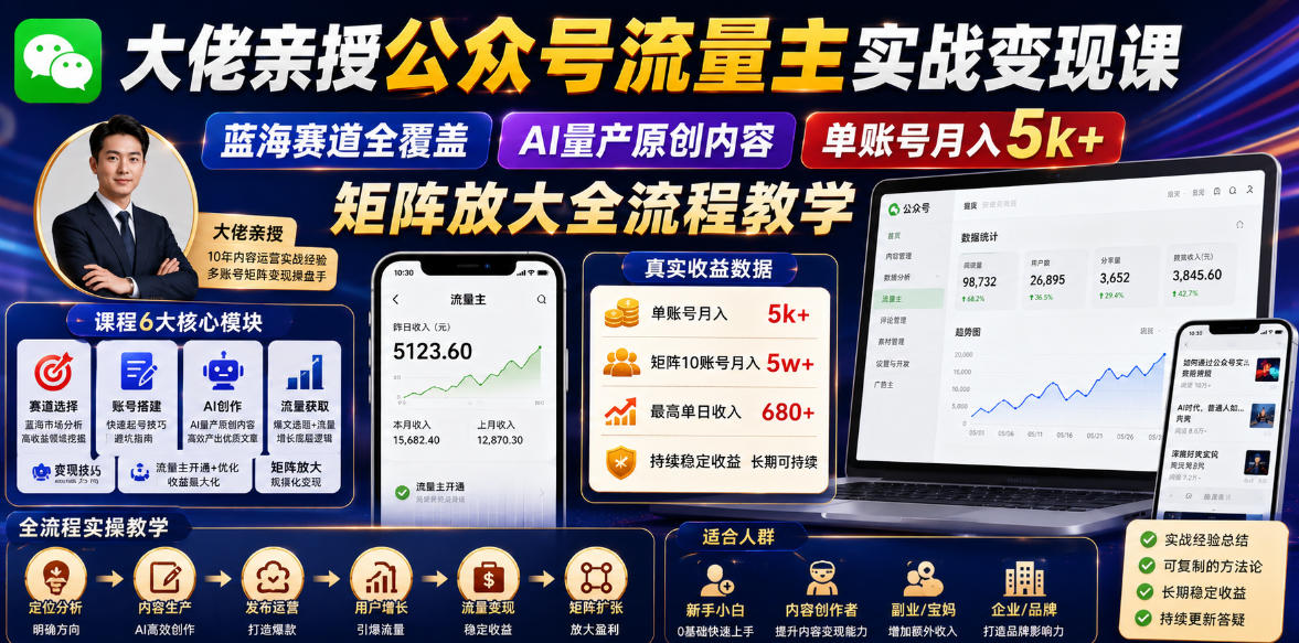 大佬亲授公众号流量主实战变现课，蓝海赛道全覆盖，AI量产原创内容，单账号月入5k+矩阵放大全流程教学-离锋创库