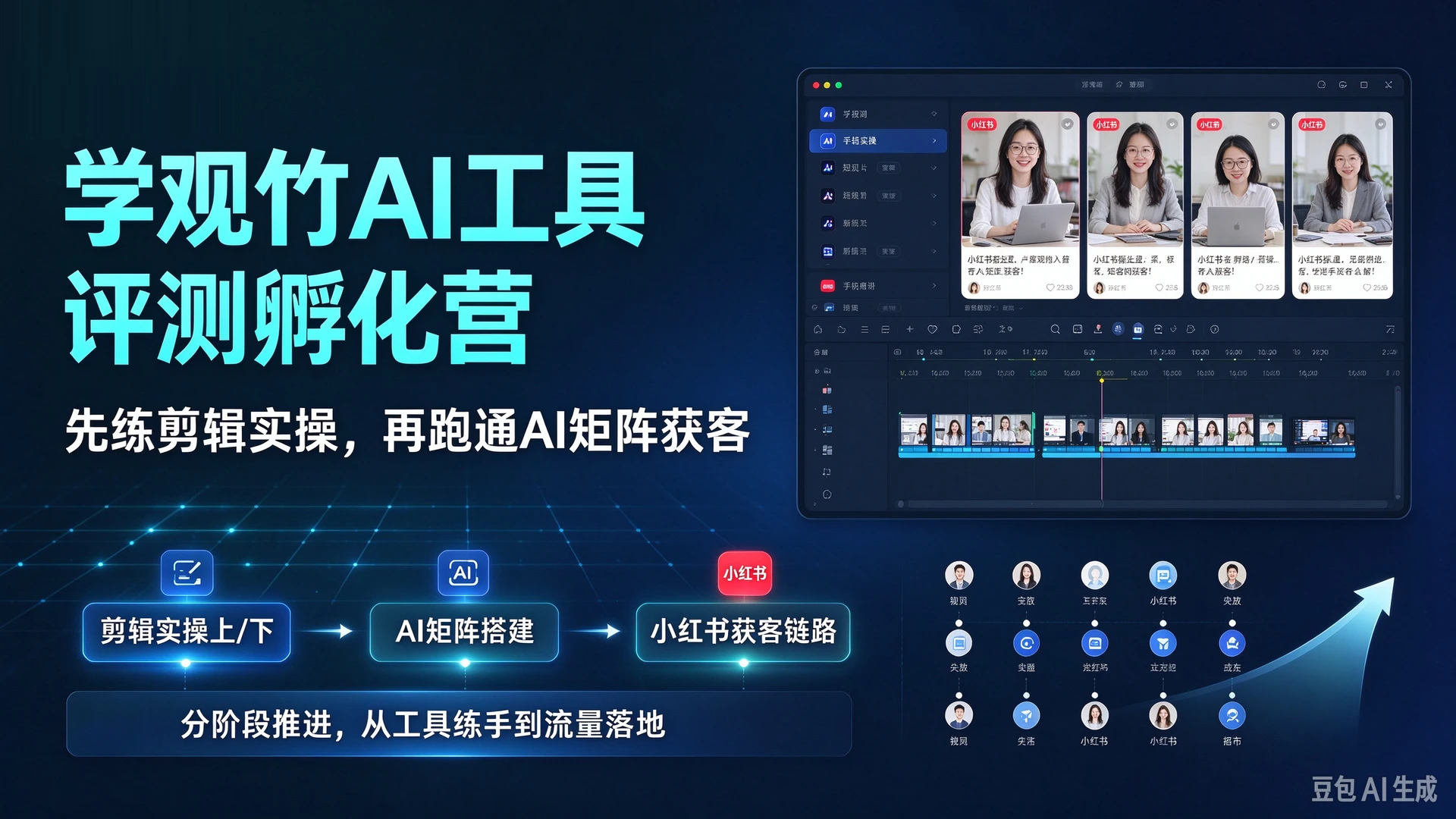 【精】学观竹AI工具评测孵化营第二期, 先练剪辑实操上/下, 再走AI矩阵小红书获客链路, 分阶段推进-离锋创库
