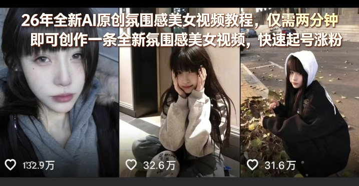 26年全新AI原创氛围感美女视频教程，仅需两分钟即可创作一条全新氛围感美女视频，快速起号涨粉-离锋创库