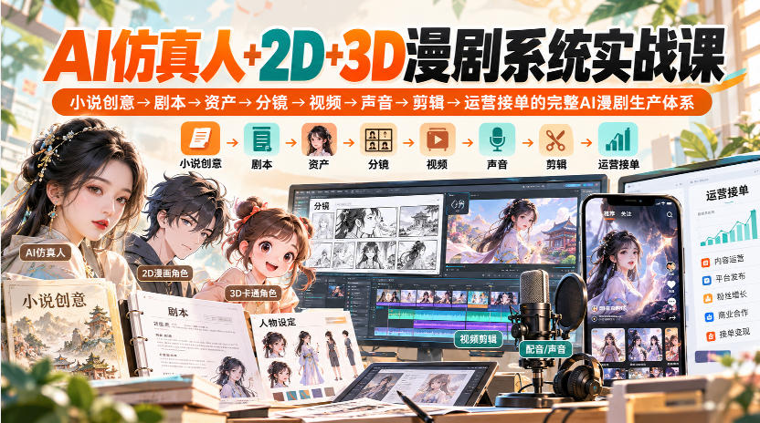 【无水印】AI仿真人+2D+3D漫剧系统实战课,小说创意→剧本→资产→分镜→视频→声音→剪辑→运营接单的完整AI漫剧生产体系-离锋创库