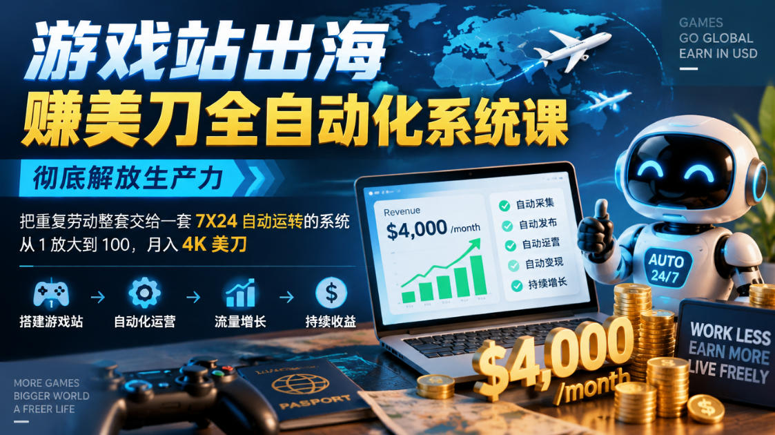游戏站出海賺美刀全自动化系统课,彻底解放生产力–把重复劳动整套交给一套7X24自动运转的系统,从1放大到100,月入4K美刀-离锋创库