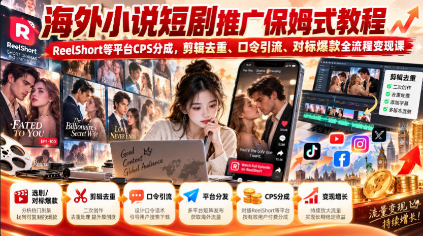海外小说短剧推广保姆式教程|ReelShort等平台CPS分成,剪辑去重、口令引流、对标爆款全流程变现课-离锋创库