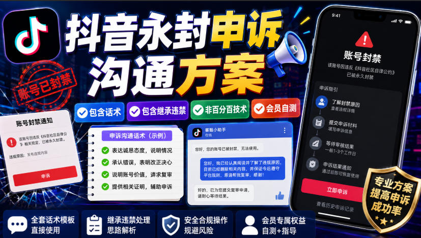 抖音永封申诉沟通方案，包含话术，包含继承违禁，非百分百技术，会员自测-离锋创库