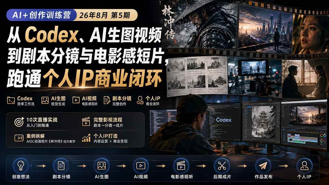 (20145期)AI+创作训练营26年8月第5期:从Codex、AI生图视频到剧本分镜与电影感短片,跑通个人IP商业闭环-离锋创库