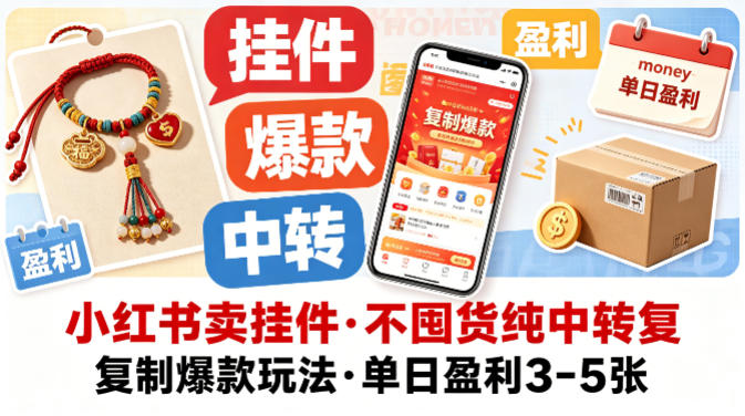 小红书卖挂件，不囤货纯中转复制爆款玩法，单日盈利3-5张-离锋创库