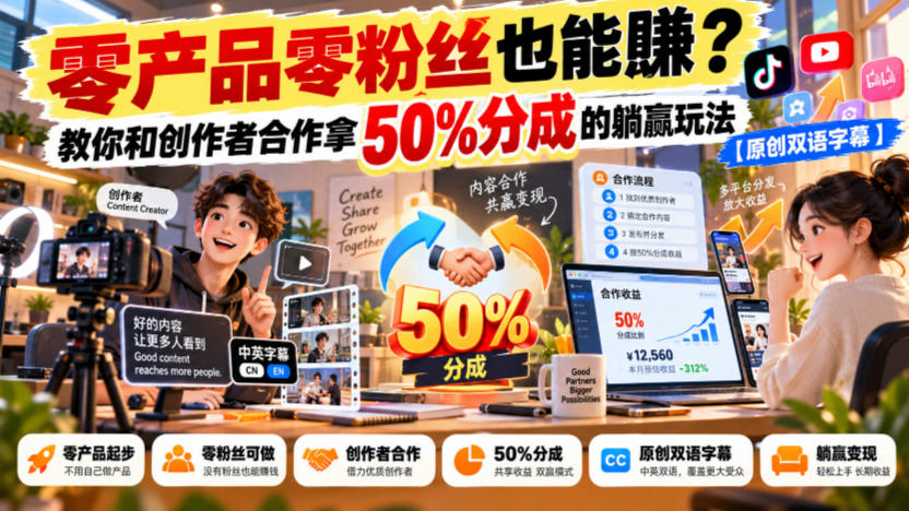 【无水印】零产品零粉丝也能賺?教你和创作者合作拿50%分成的躺赢玩法【原创双语字幕】-离锋创库