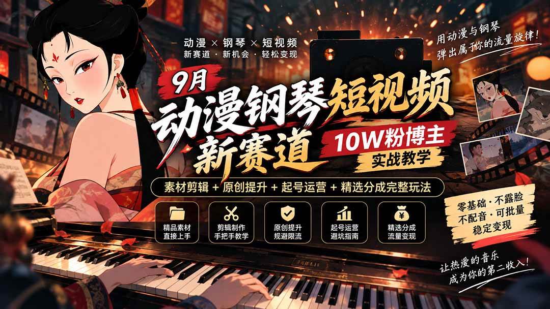 （20506期）9月动漫钢琴短视频新赛道｜10W粉博主实战教学，素材剪辑+原创提升+起号运营+精选分成完整玩法-离锋创库