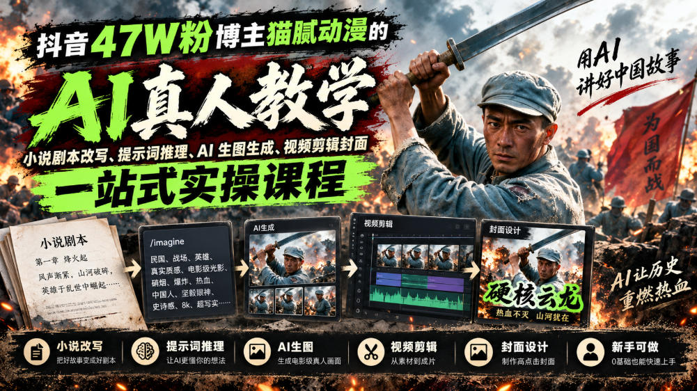 抖音47W粉博主猫腻动漫的AI真人漫剧教学，小说剧本改写、提示词推理、AI生图生成、视频剪辑封面一站式实操课程-离锋创库