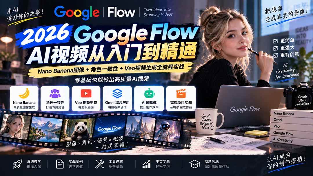 （20608期）【无水印】Google Flow AI视频从入门到精通：Nano Banana图像+角色一致性+Veo视频生成全流程实战-精翻中英字幕-离锋创库