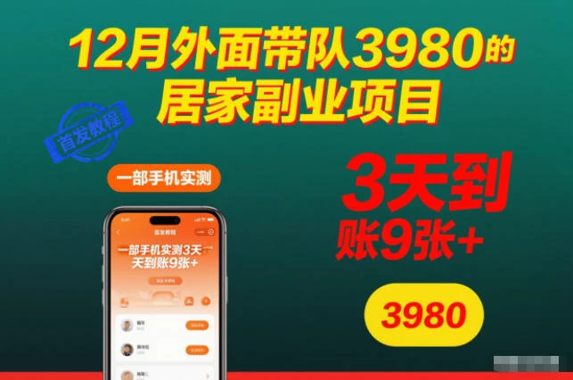 12月外面带队3980的居家副业项目，一部手机实测3天到账9张 ，首发教程【揭秘】-离锋创库