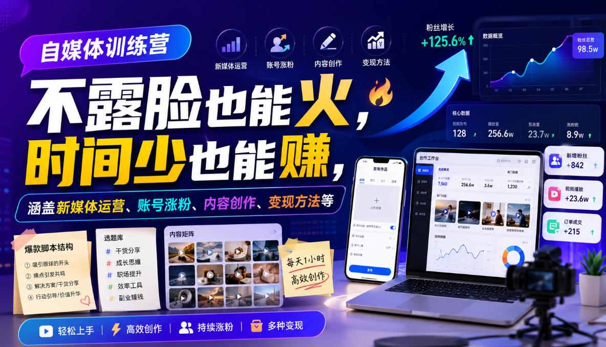 自媒体训练营，不露脸也能火，时间少也能賺，涵盖新媒体运营、账号涨粉、内容创作、变现方法等-离锋创库